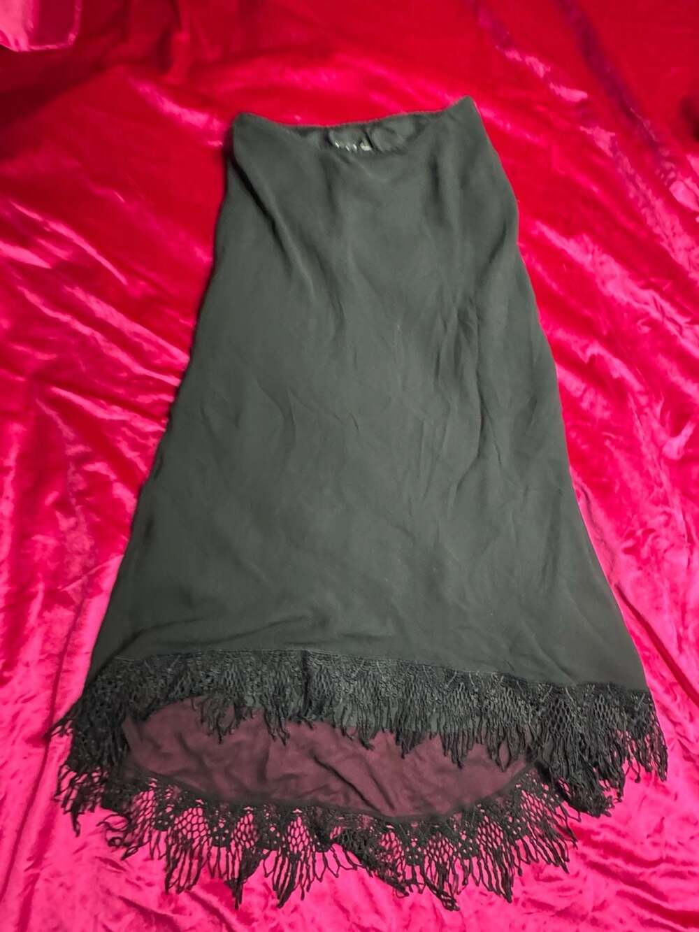 Vintage Black silk skirt with Lace Fringe Hem